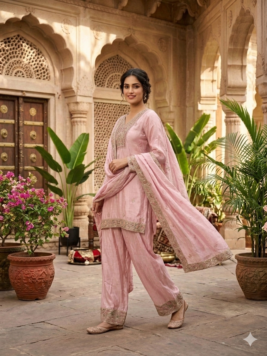 Light Pink Handwork Embroidered Farshi Salwar Suit