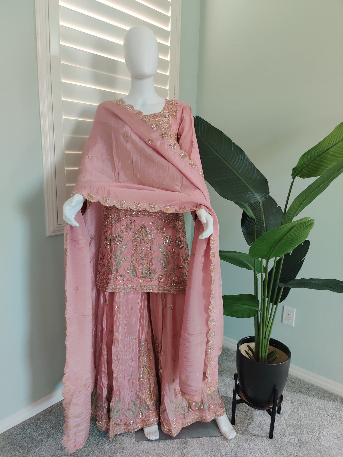 Blush Pink Handwork Embroidered Wedding Wear Plazzo Kurta Set