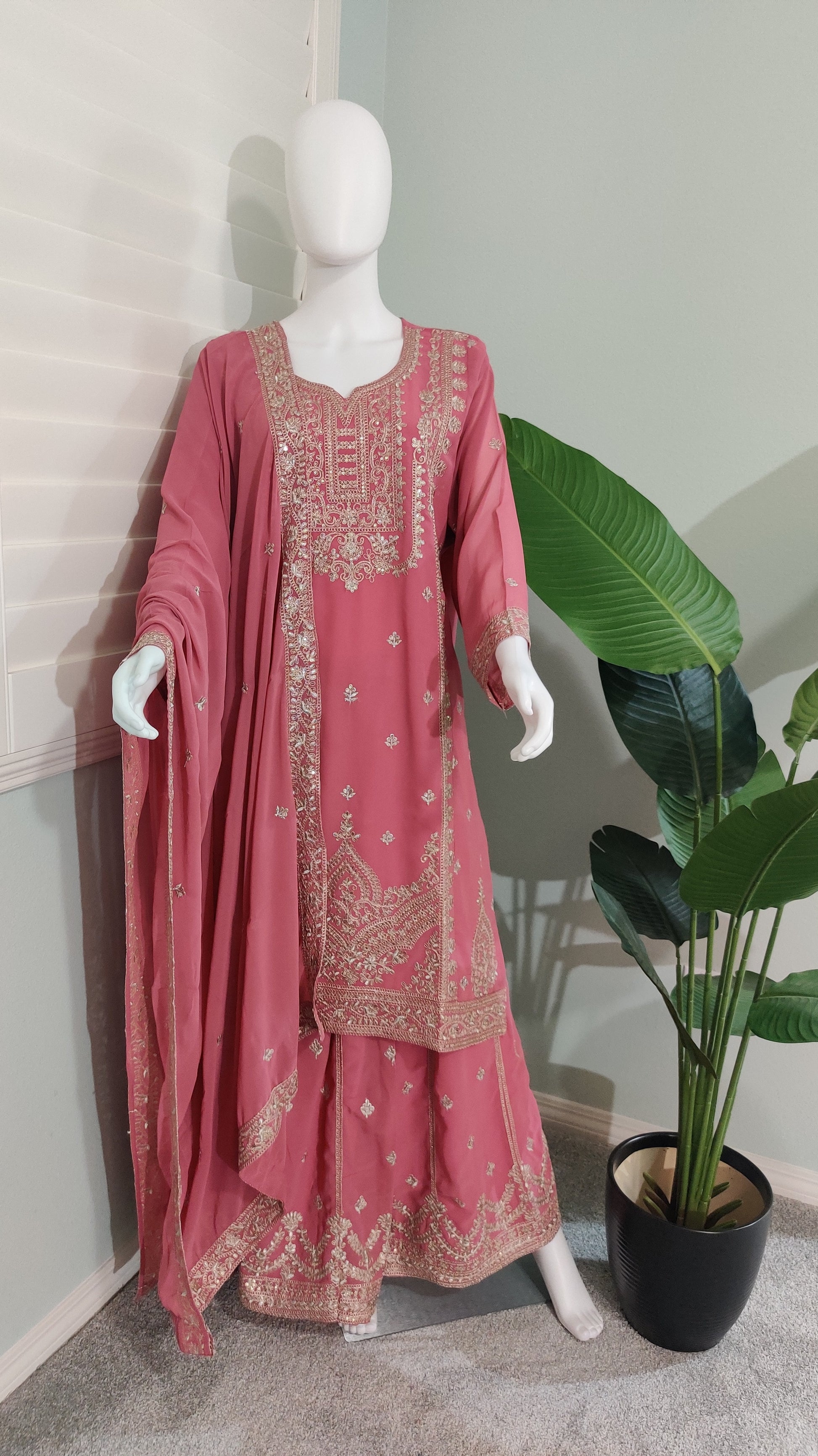 Blush Pink Zari Embroidered Kurta Skirt Set (Plus Size)