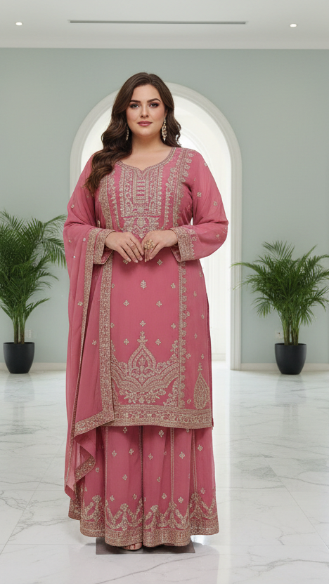 Blush Pink Zari Embroidered Kurta Skirt Set (Plus Size)
