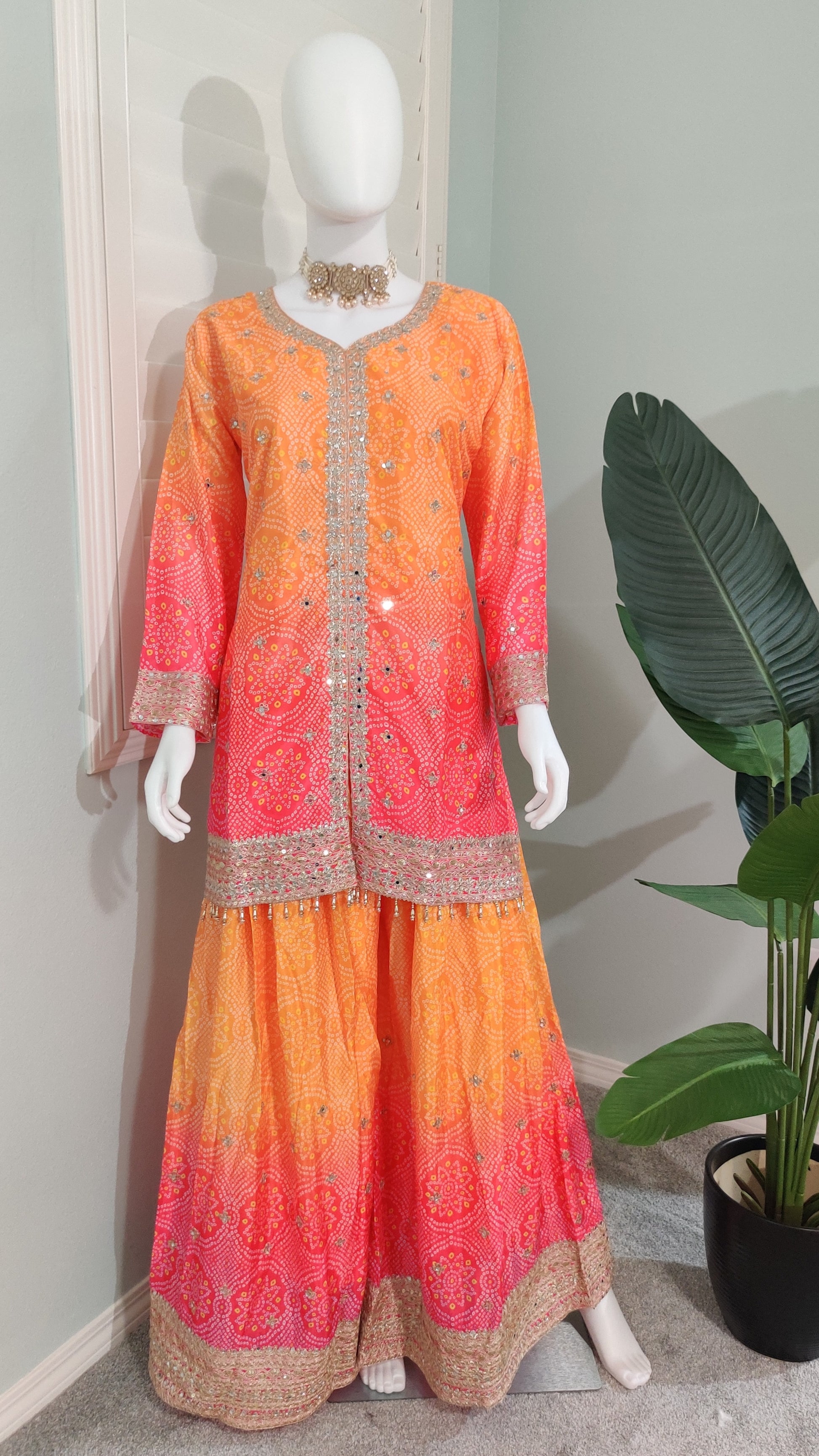 Chinnon Fabric Bandhej Print Heavy Palazzo Kurta Set