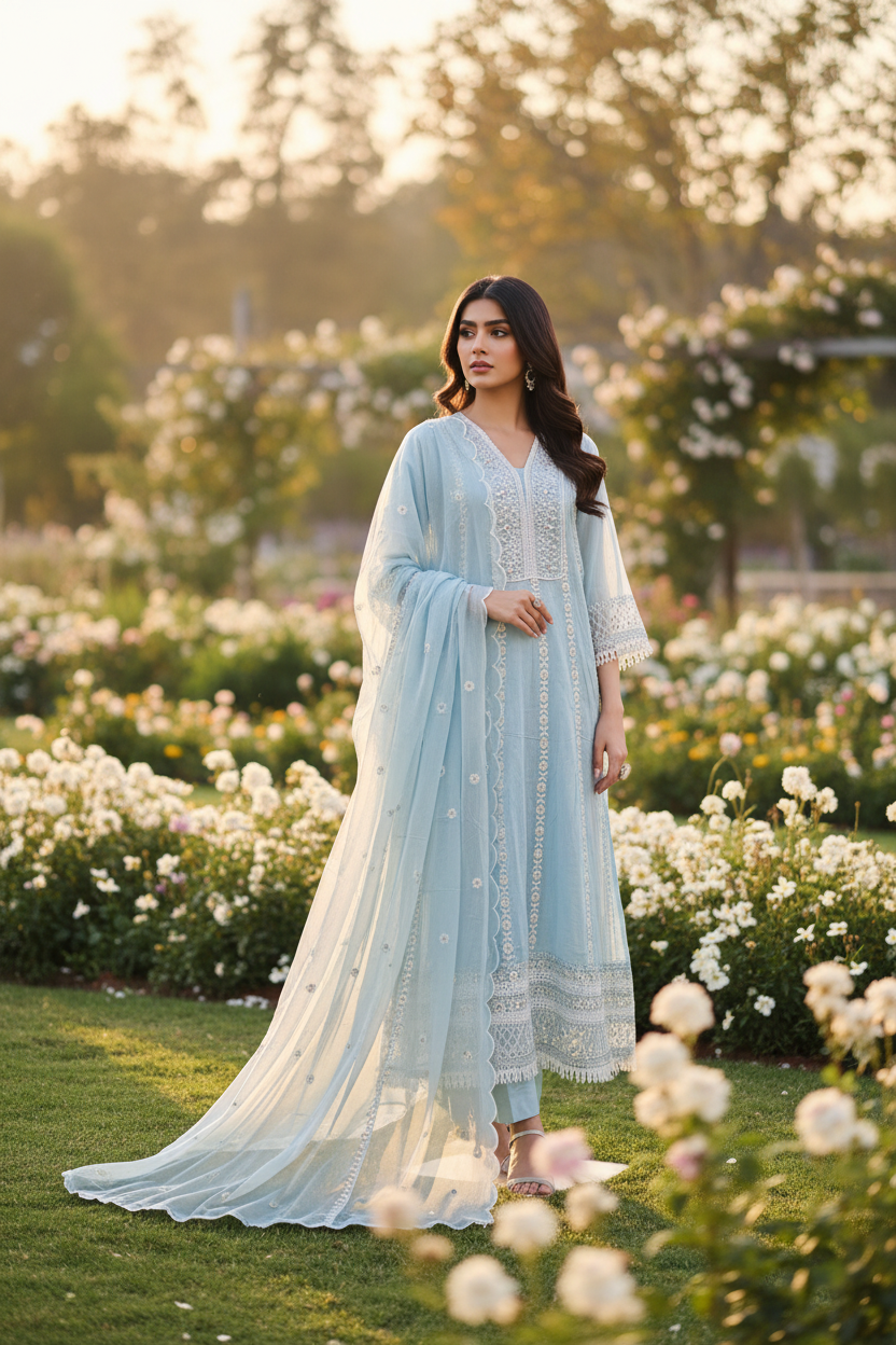 Powder Blue Mul Cotton Anarkali Kurta Set