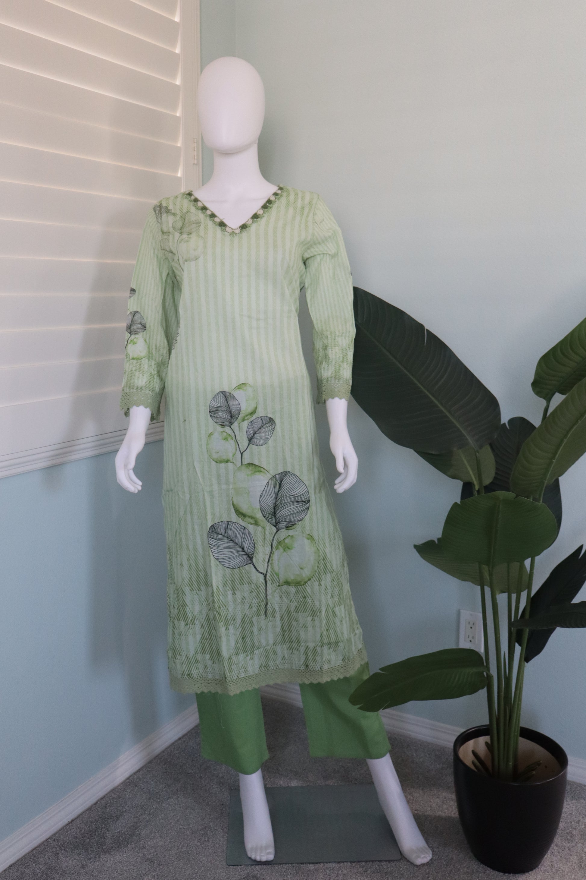 Light Green Digital Print Cotton Kurta Set