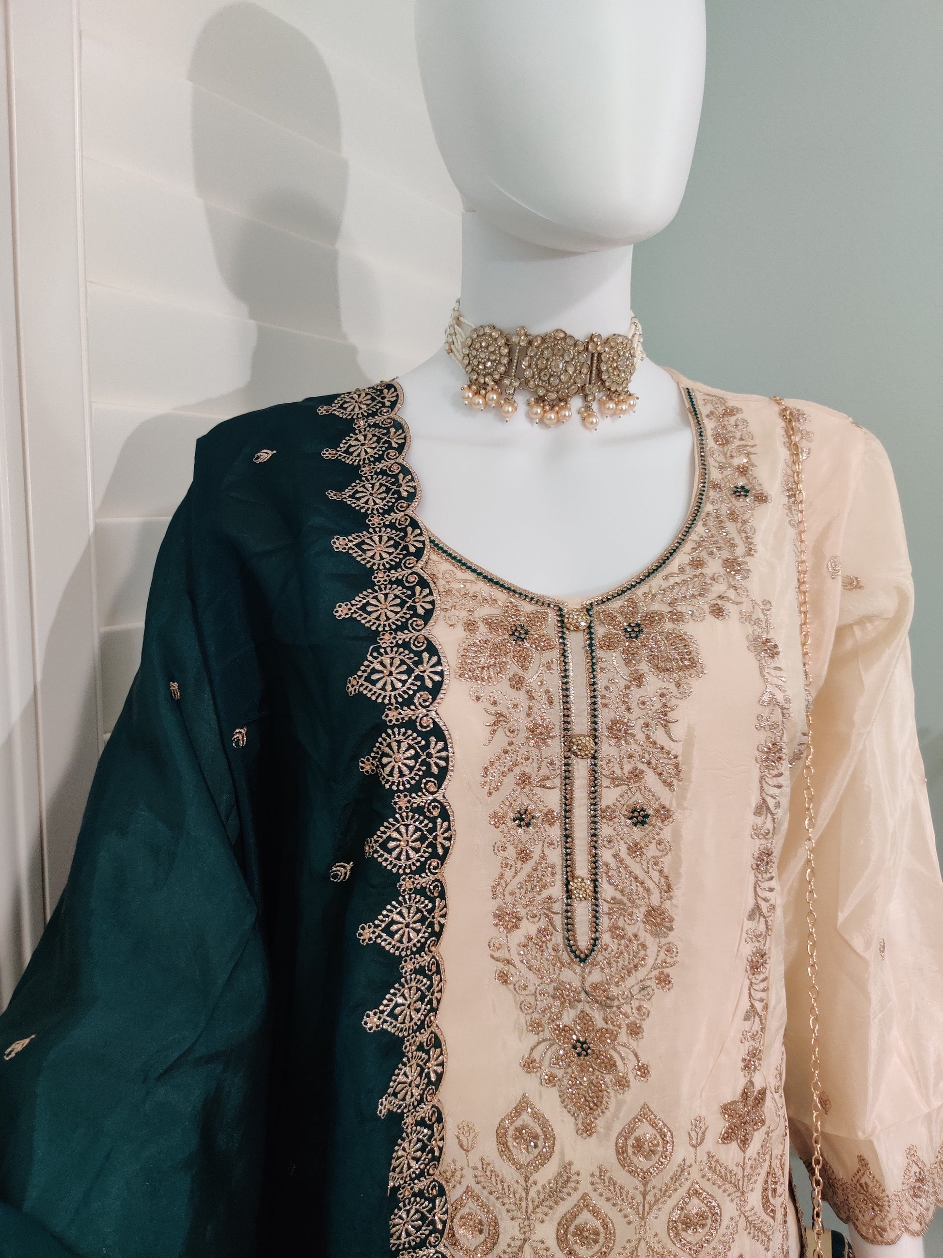 Glass Organza Embroidered Straight Pant Kurta set with Matching Purse