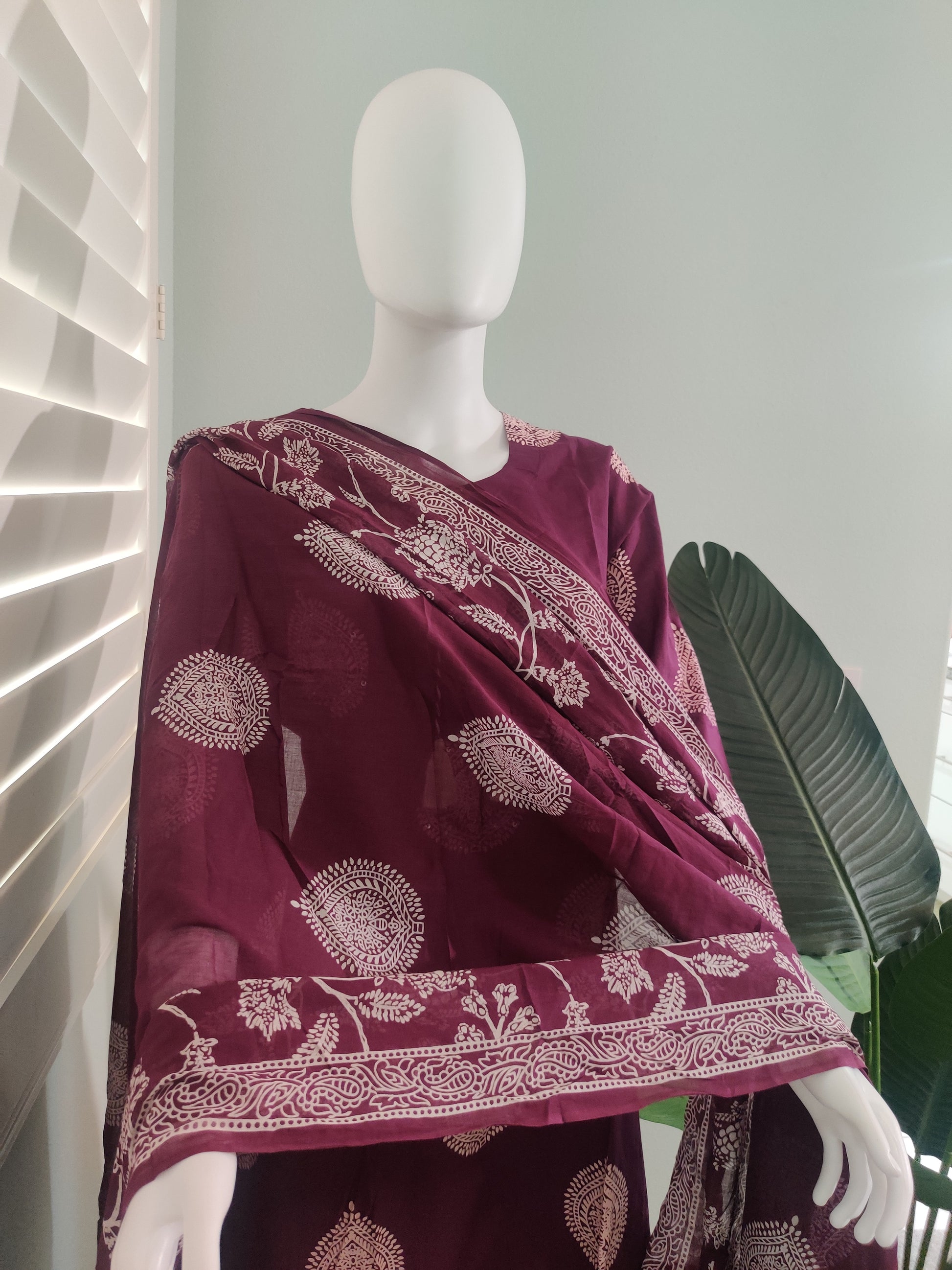 Wine Block Printed Premium Cotton Kurta Set