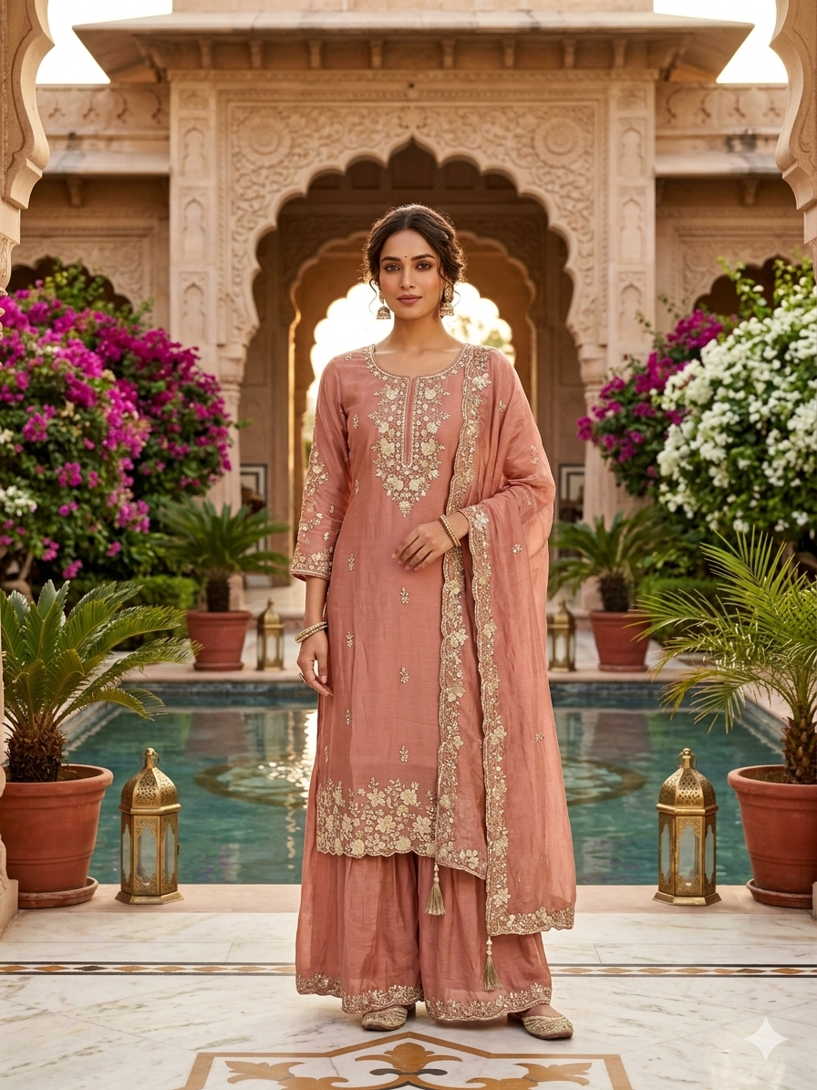 Peach Tissue Shimmer Handwork Embroidered Wedding Wear Suit