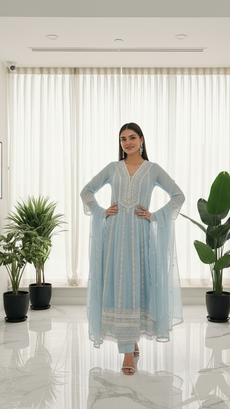 Powder Blue Mul Cotton Anarkali Kurta Set