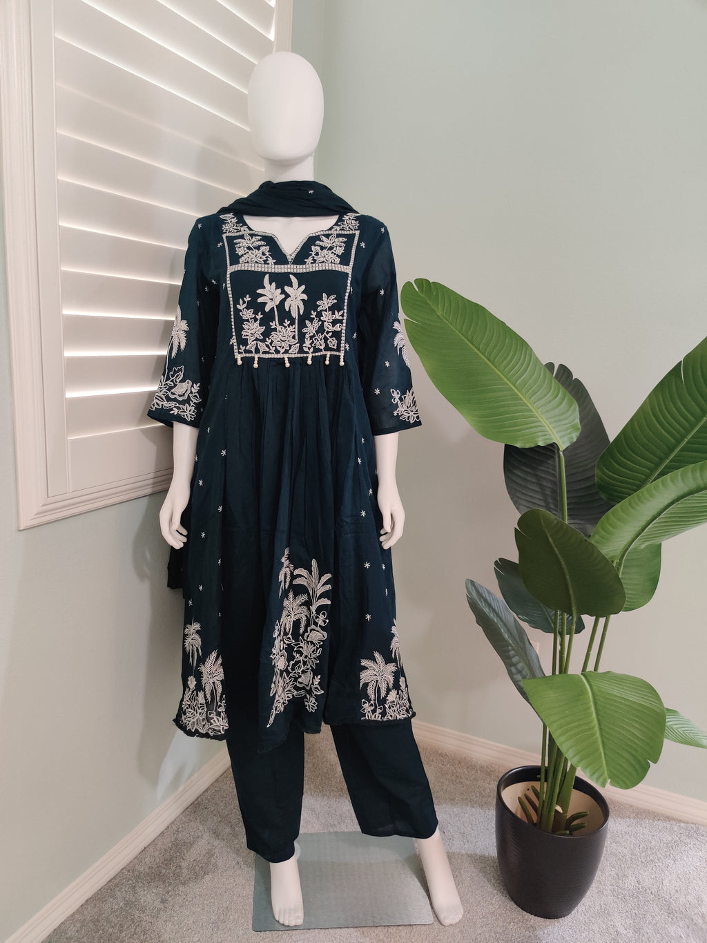 Dark Green A line Mul Cotton Embroidered Kurta Set