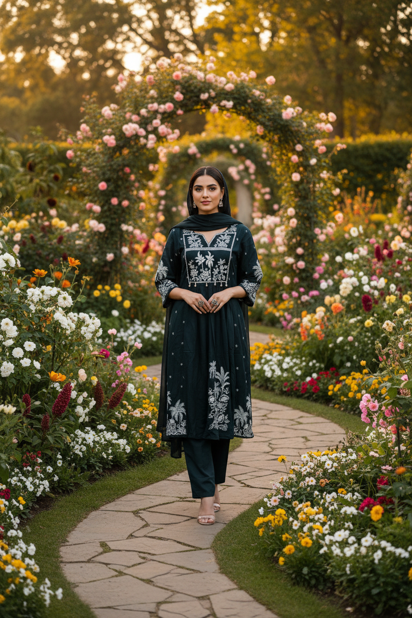 Dark Green A line Mul Cotton Embroidered Kurta Set