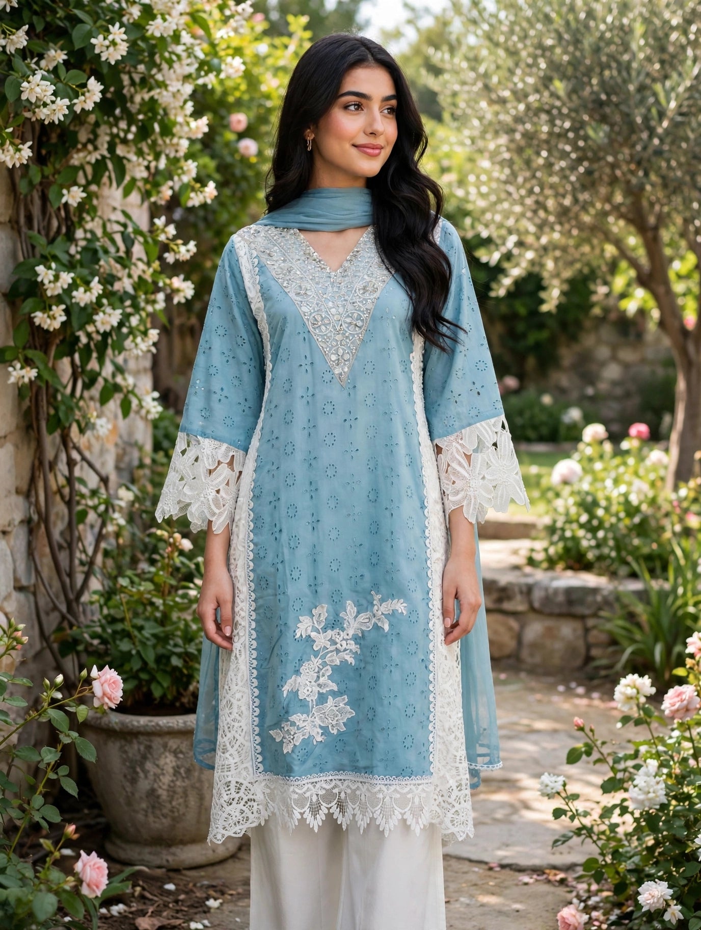 Powder Blue Pakistani Style Plazzo Kurta Set
