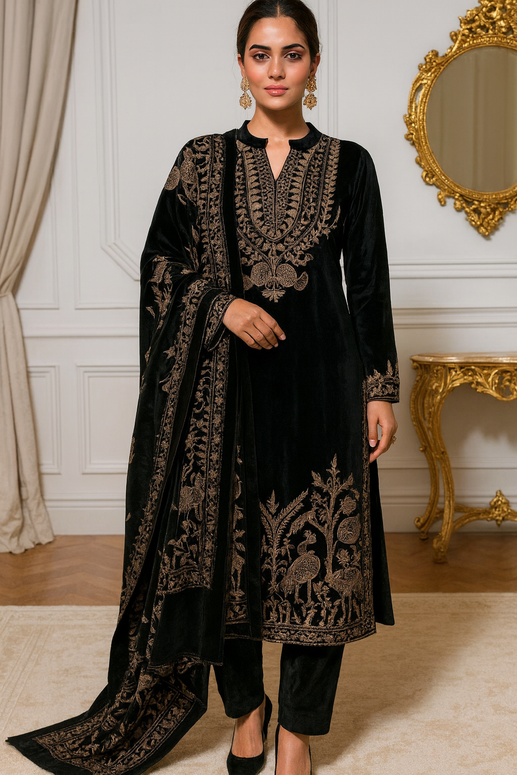 Black, bold, and beautifully embroidered Velvet Kurta set