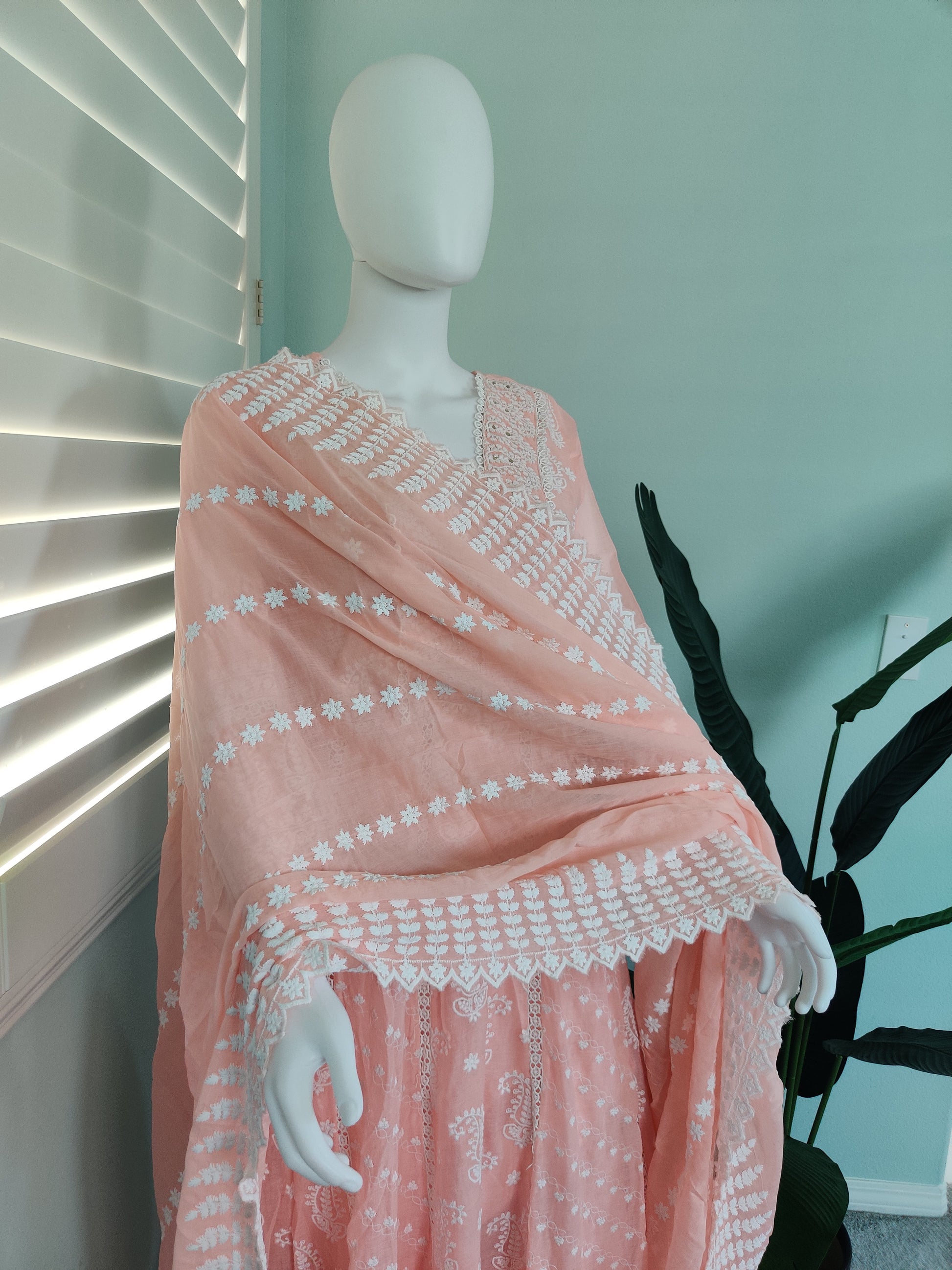 Peach Chikankari Anarkali Cotton Kurta Set