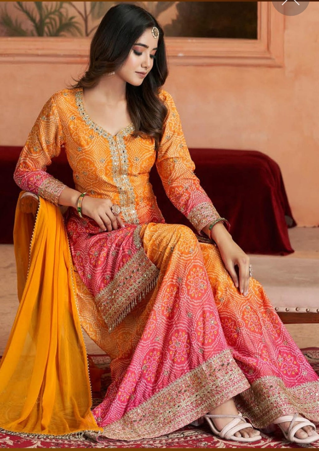 Chinnon Fabric Bandhej Print Heavy Palazzo Kurta Set