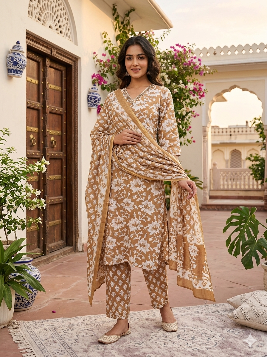 Beige Summer Wear Cotton Kurta Set