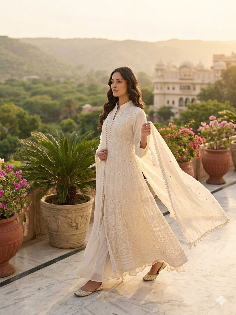 Cream Chikankari Embroidered Palazzo Kurta Set
