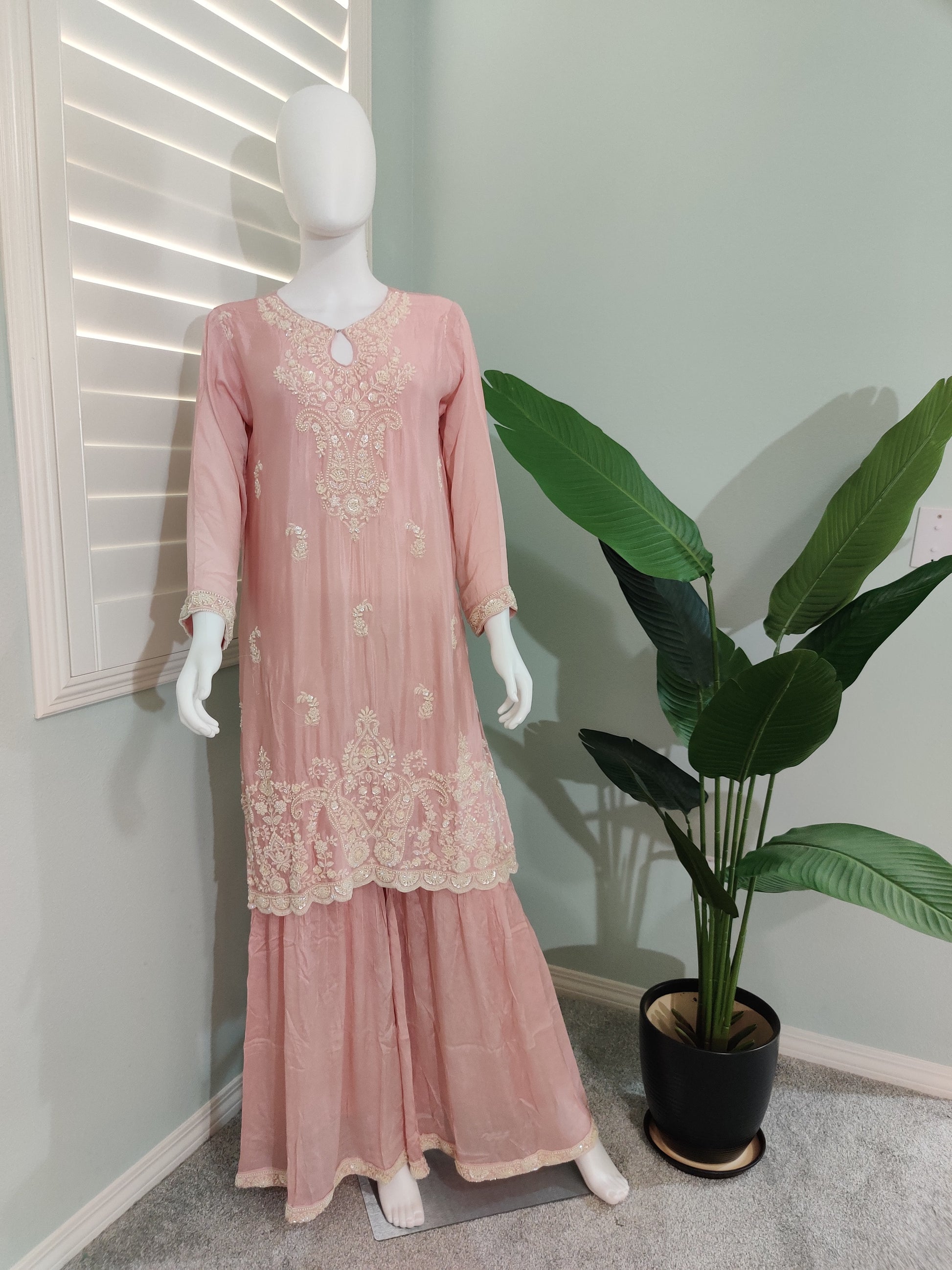 Soft Blush Pink Pearl Embroidered Sharara Kurta Set