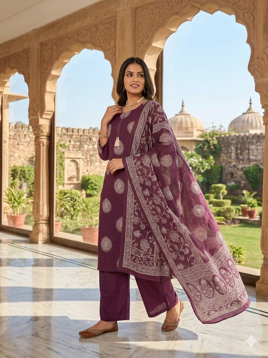 Wine Block Printed Premium Cotton Kurta Set