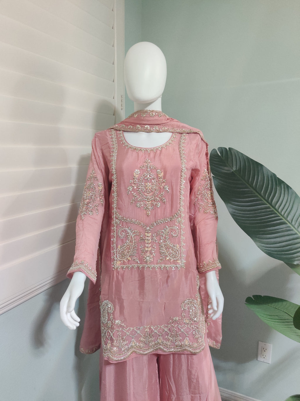 Pastel Pink Zari Embroidered Festive Wear Plazzo Kurta Set