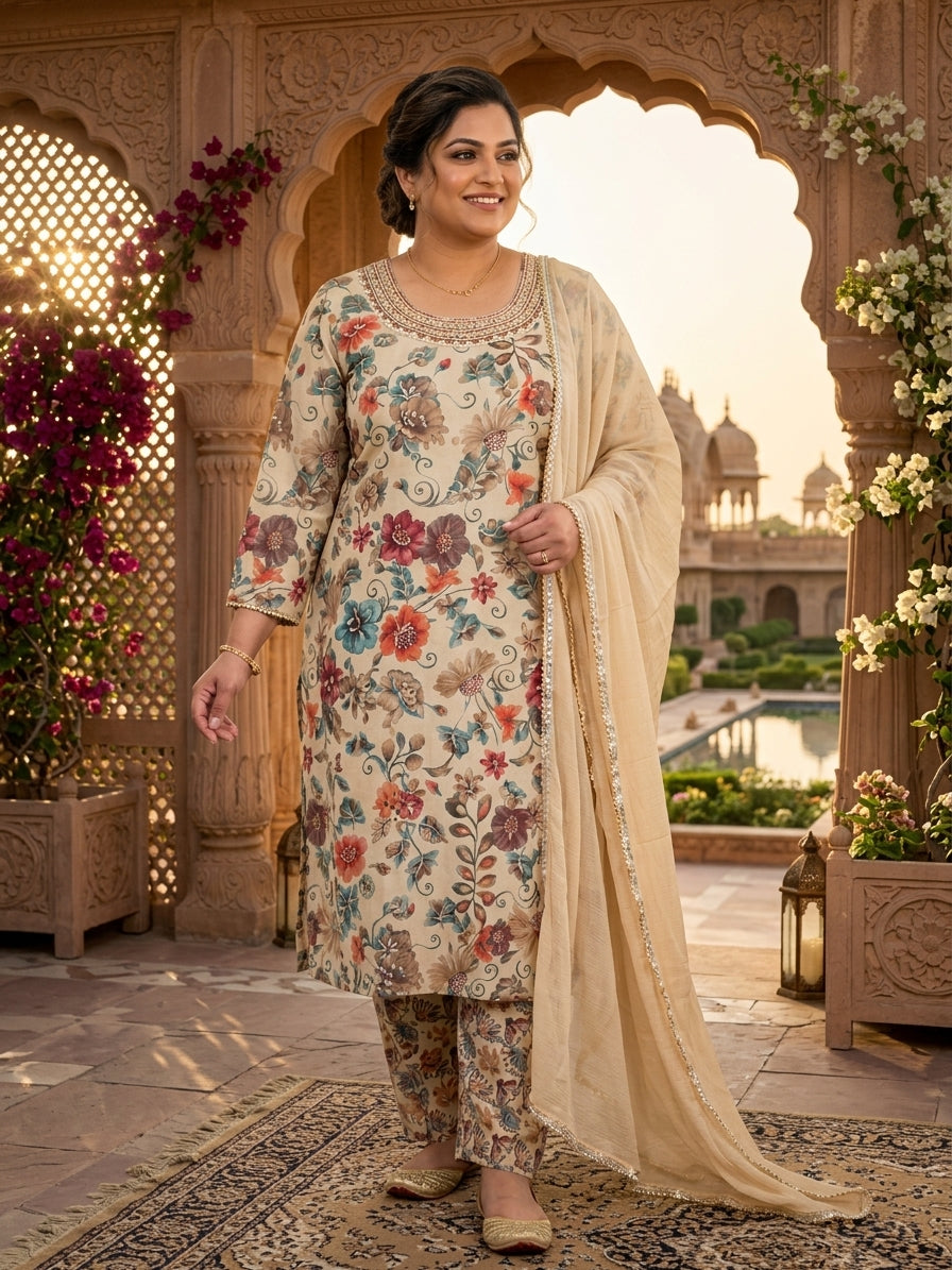 Floral Elegance Cotton Kurta Set (Plus Size)