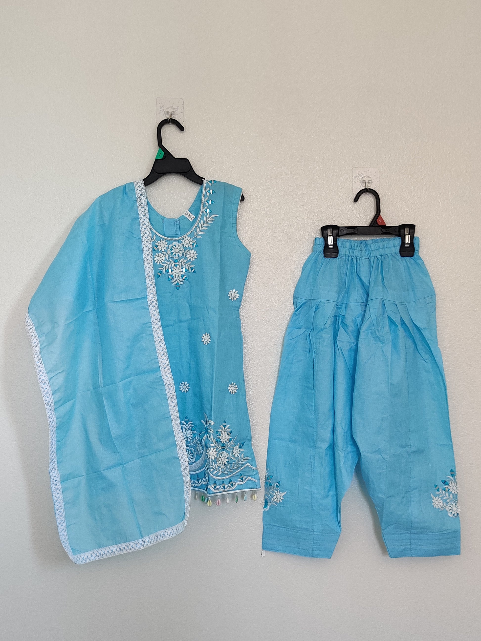 Little Girls’ Summer Wear Cotton Embroidered Salwar Suit Set — Light Blue