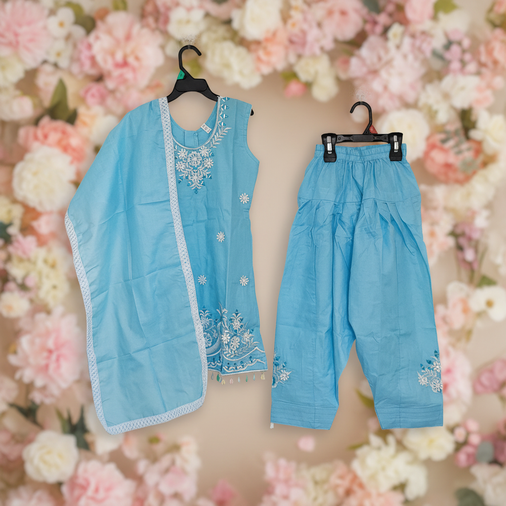 Little Girls’ Summer Wear Cotton Embroidered Salwar Suit Set — Light Blue