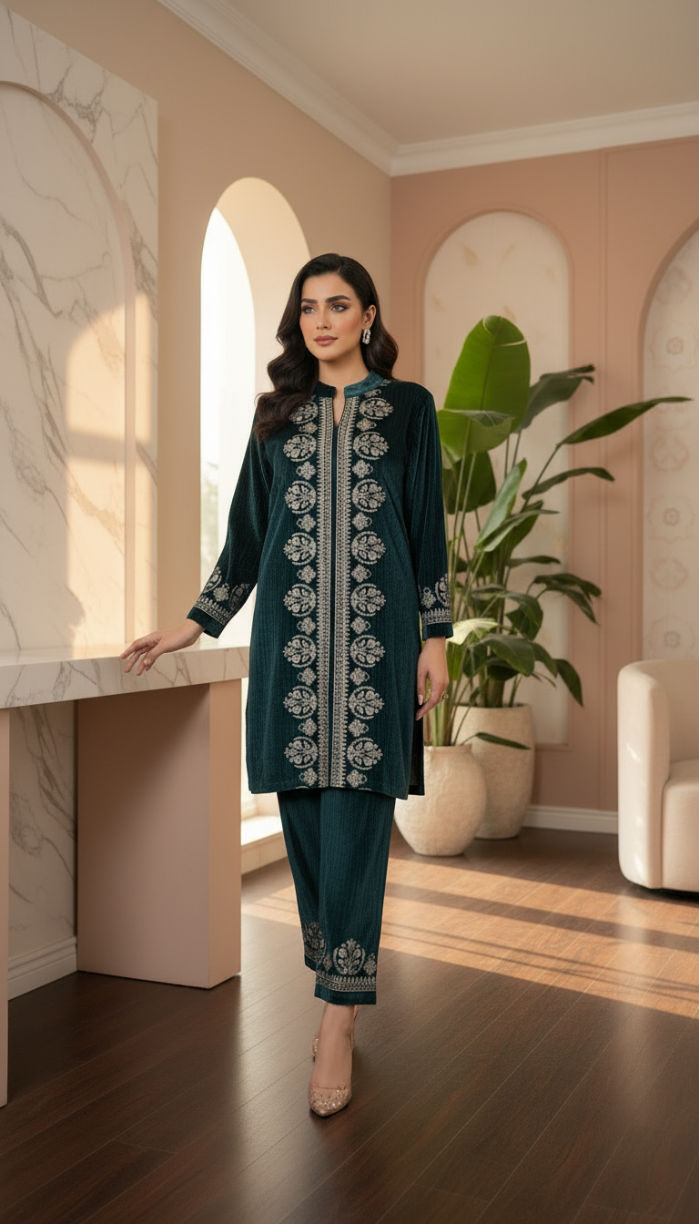 Teal Blue Embroidered Cord Set