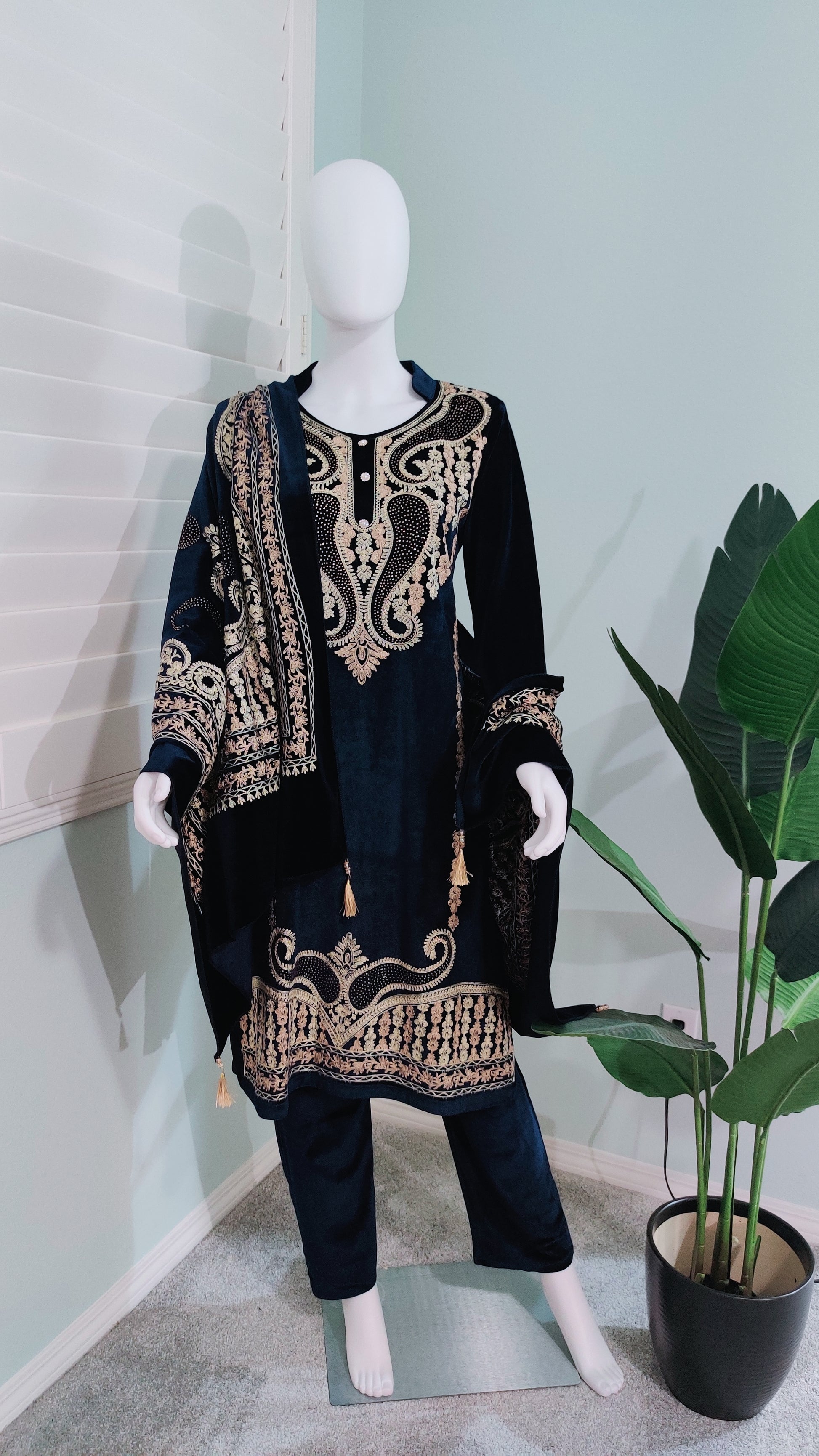 Navy Blue Fully Embroidered Velvet Kurta Set