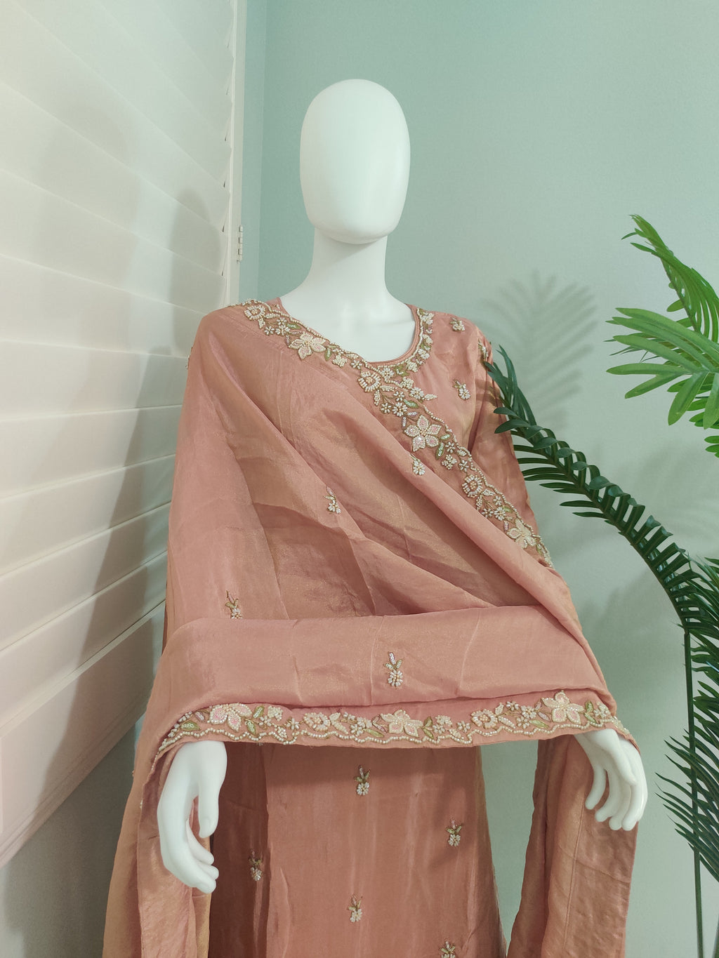 Peach Tissue Shimmer Handwork Embroidered Wedding Wear Suit