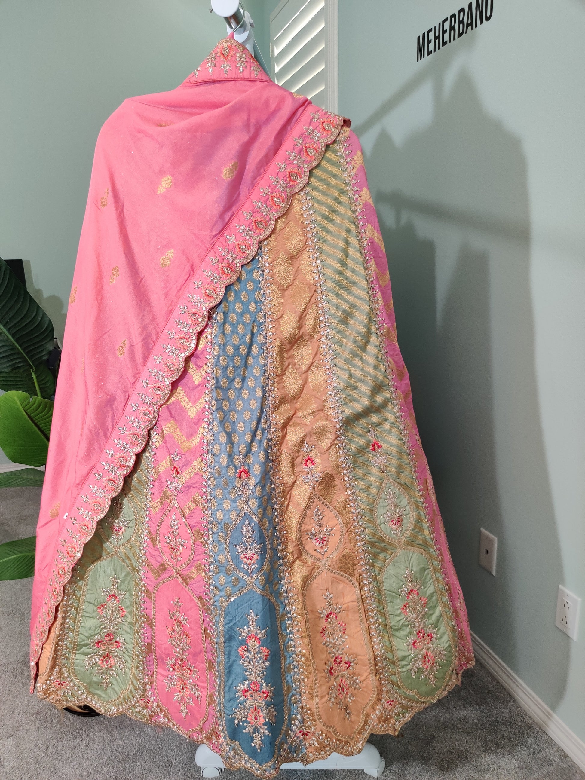 Banarasi Silk Multicolored Embroidered Lehnga