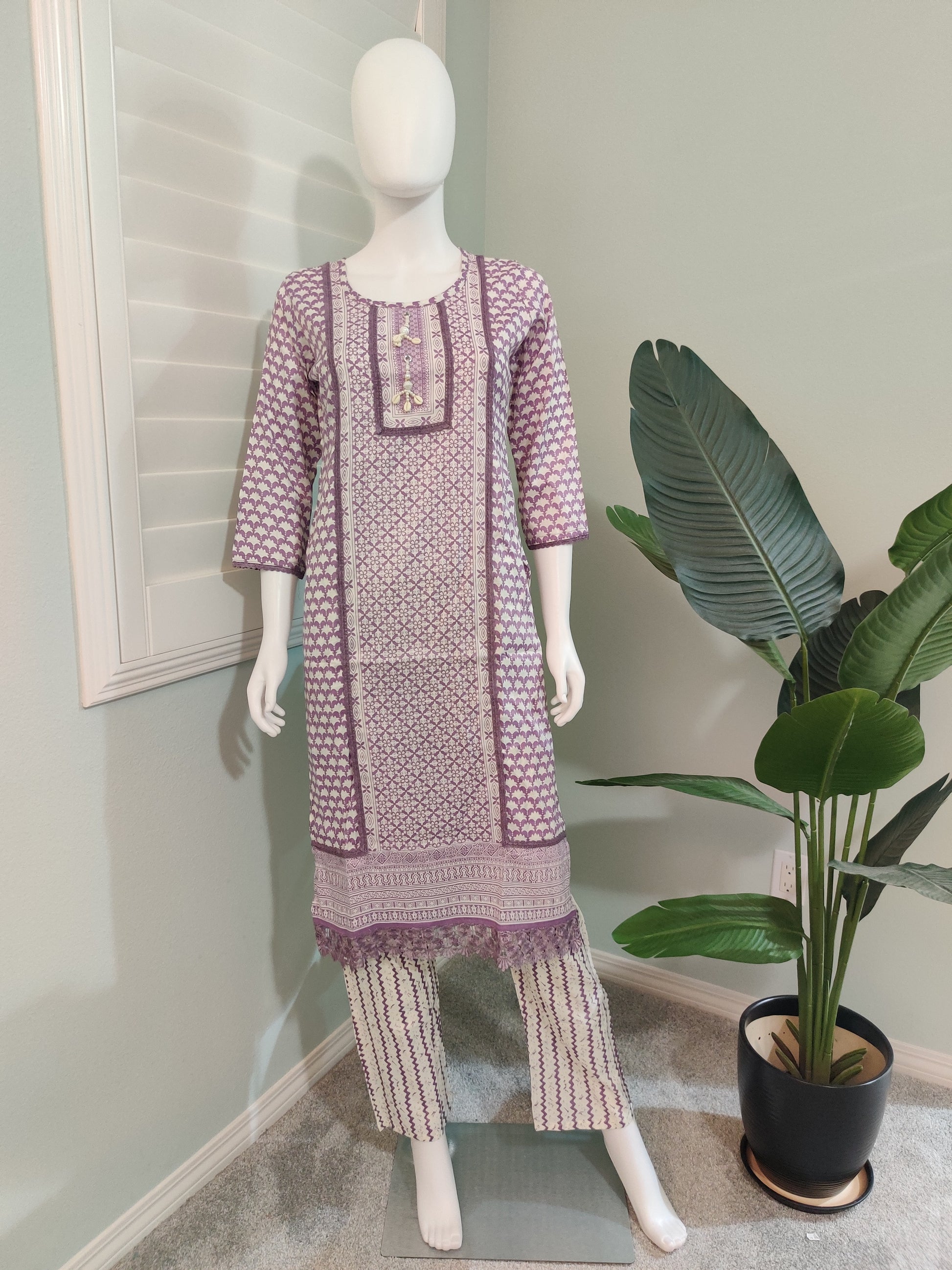 Lavendar Printed Summer Wear Cotton Kurta Set