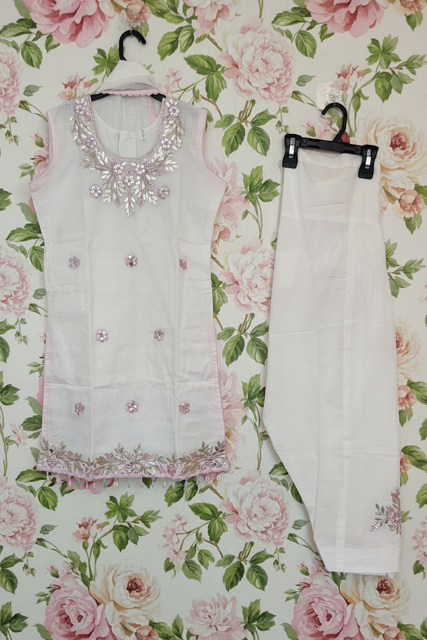 Off white Girls Summer Wear Cotton Suit