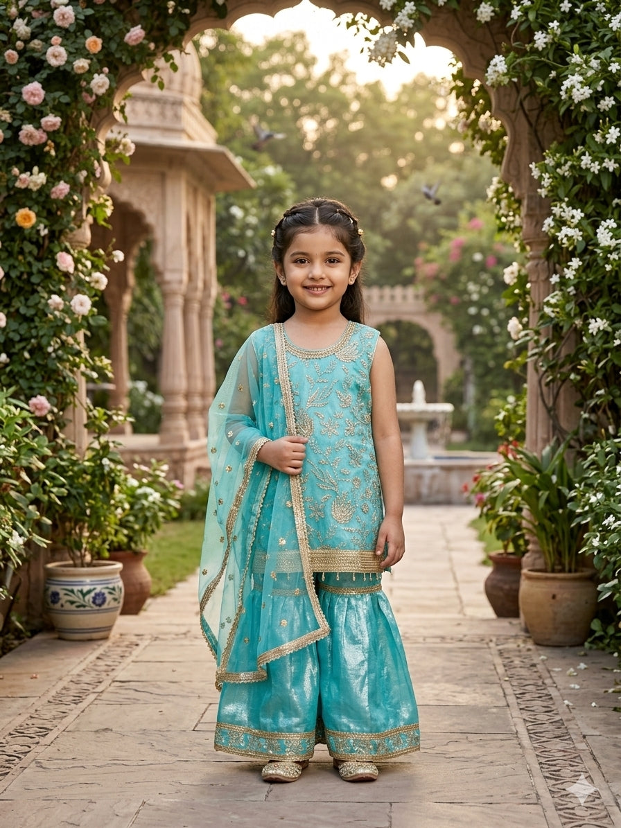 Turquoise Fendy Silk Sharara suit set for girls