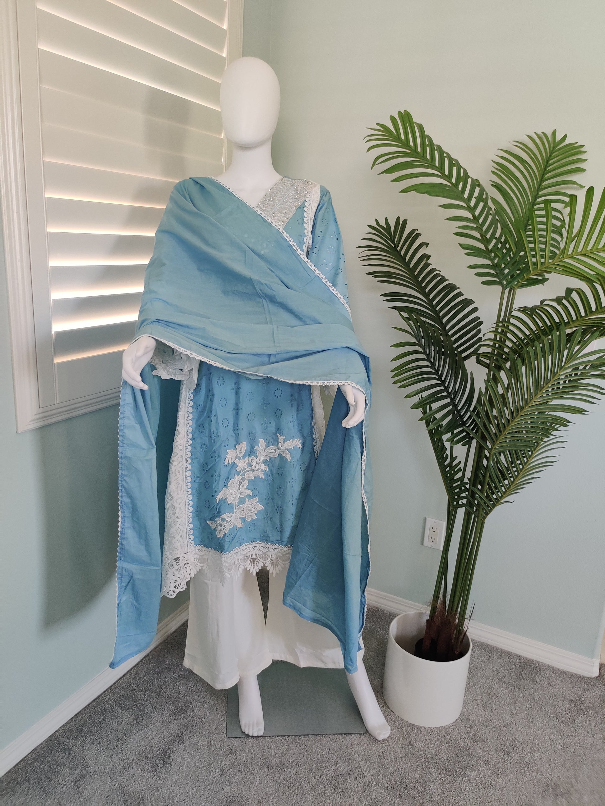 Powder Blue Pakistani Style Plazzo Kurta Set