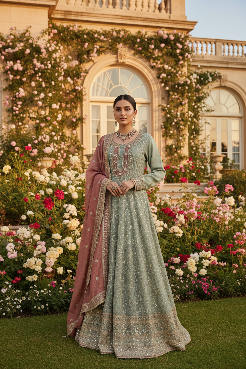 Pastel Green Party Wear Anarkali Kurta with Dupatta