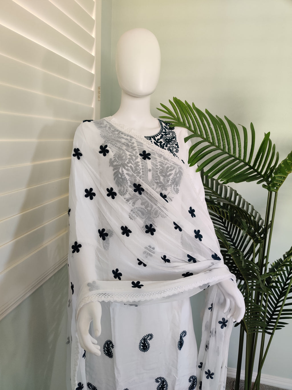 White Chikan Embroidered Summer Wear Plazzo Suit