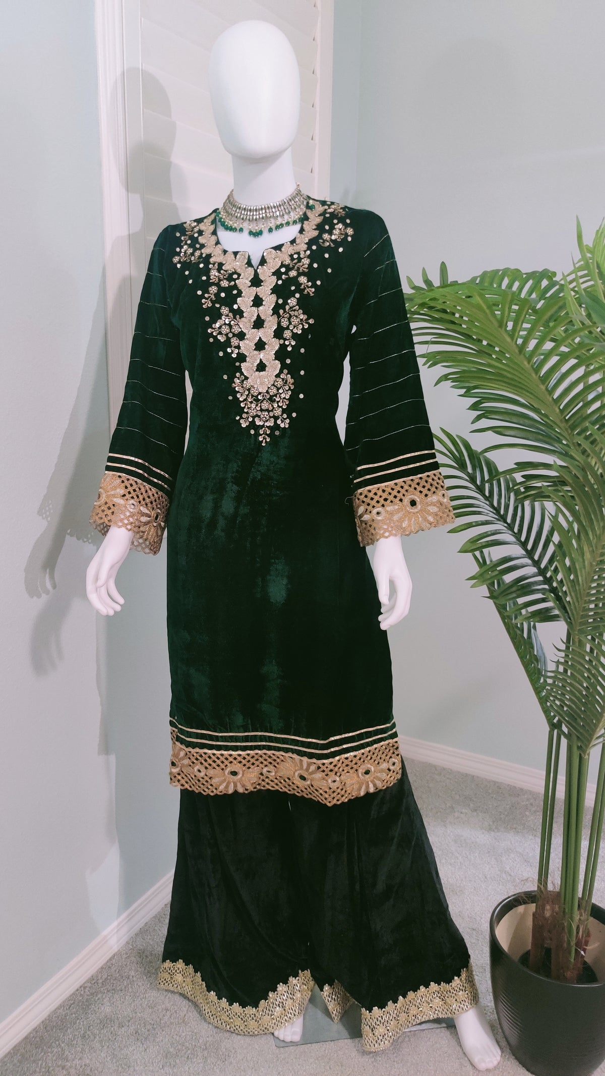 Embroidered Bottle Green Velvet Suit With Black Palazzo And Back Dupatta