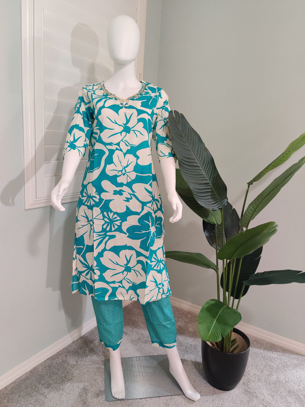 Teal Summer Wear Printed Cotton Kurta Set