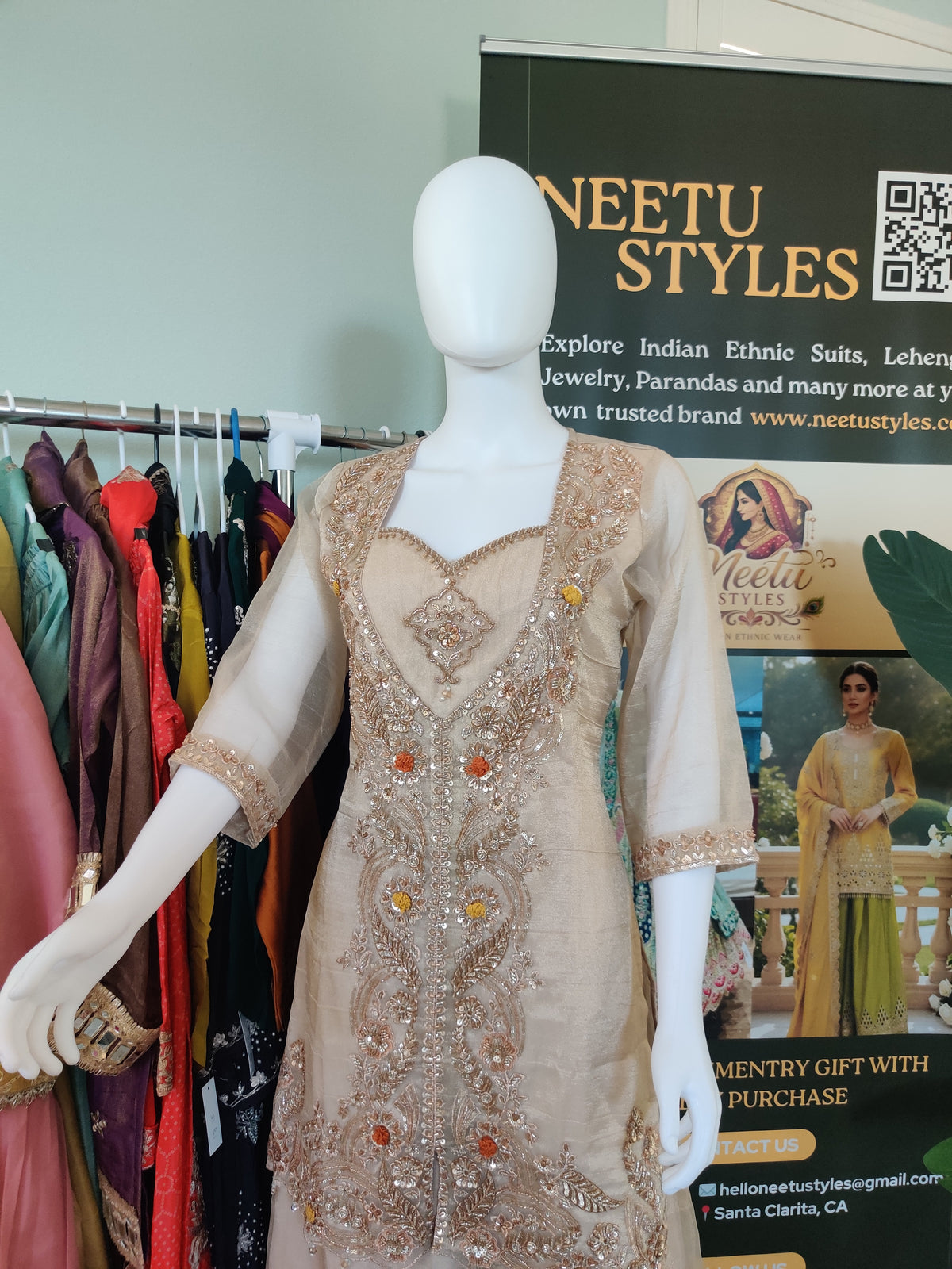 Elegant Beige Organza Embroidered Plazzo Suit