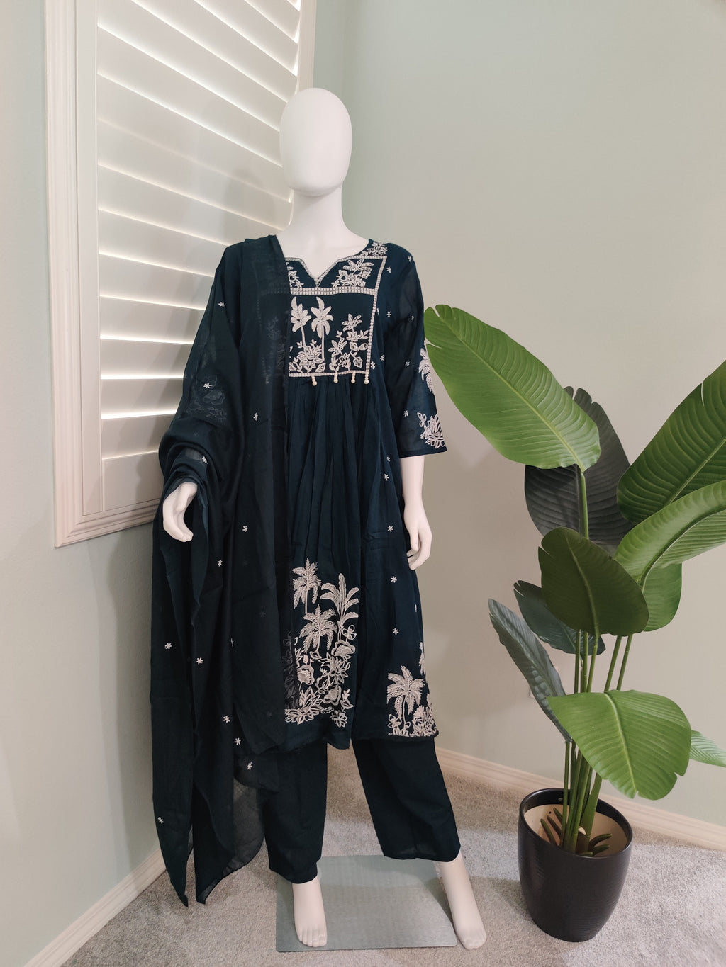 Dark Green A line Mul Cotton Embroidered Kurta Set