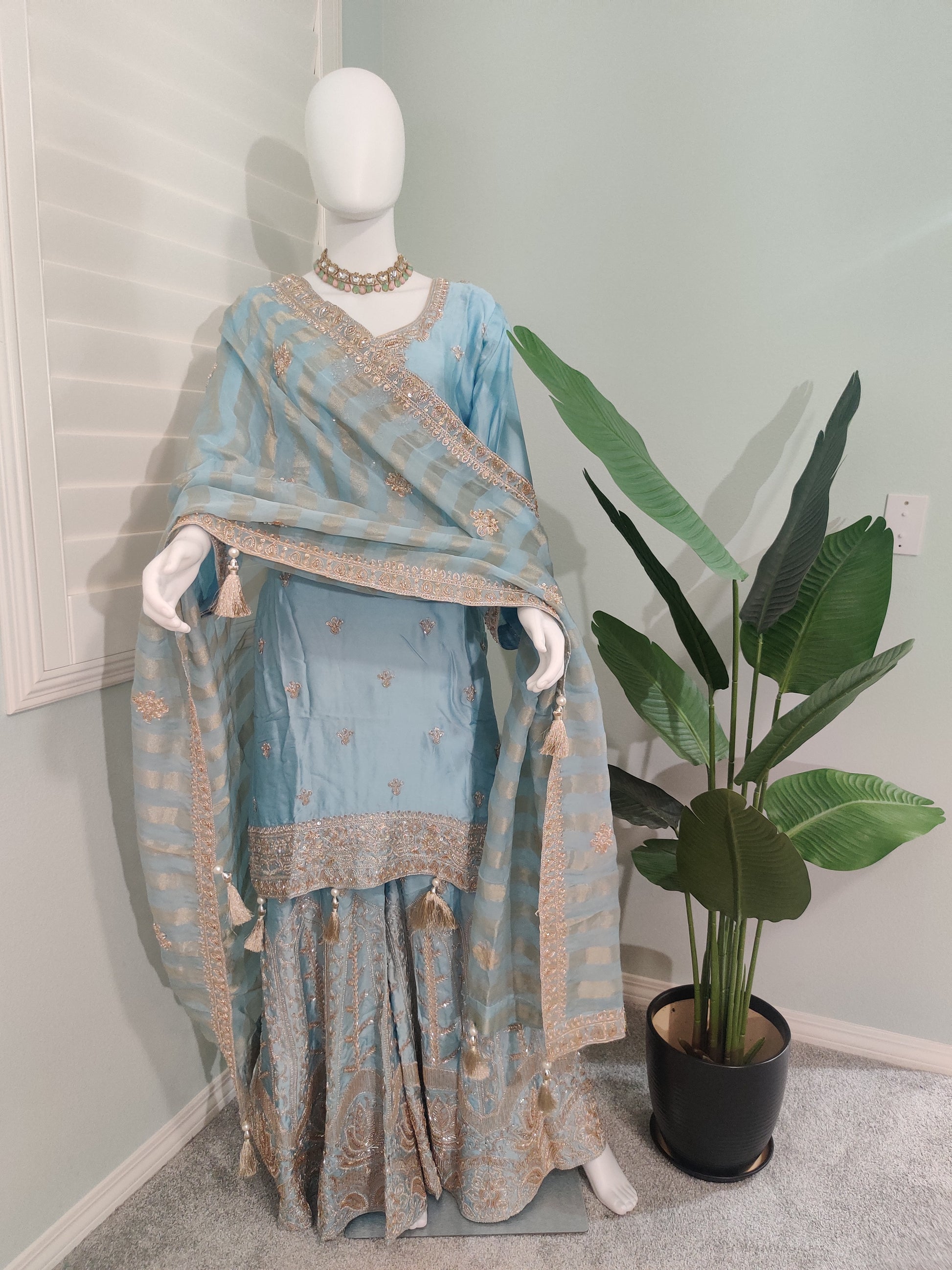 ✨ Silk Zari Embroidered Plazzo Kurta Set — Luxe & Regal