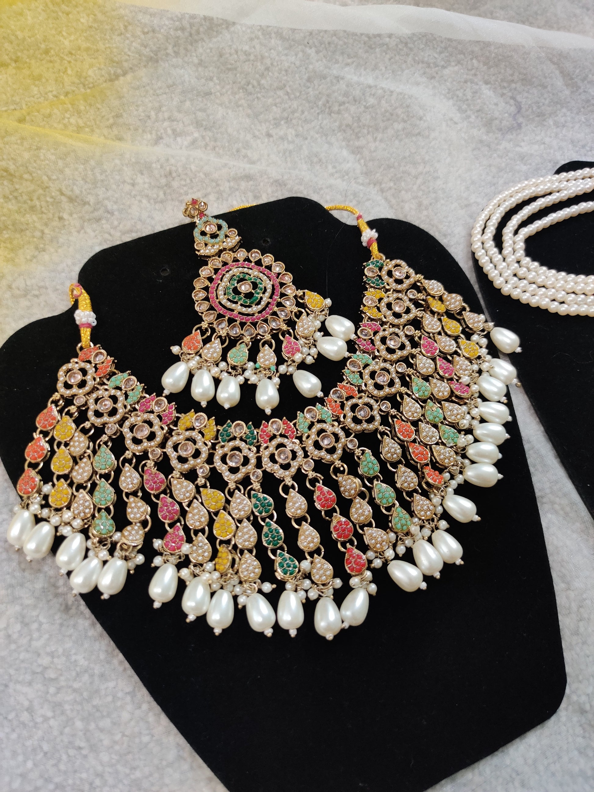 Heavy Gold-Toned Necklace Set with Maang Tikka and Earrings