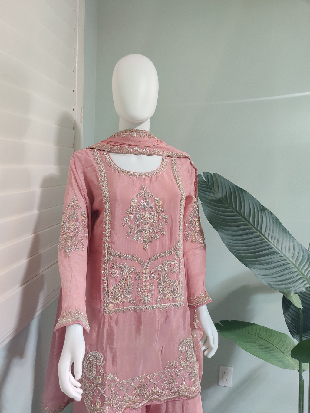 Pastel Pink Zari Embroidered Festive Wear Plazzo Kurta Set