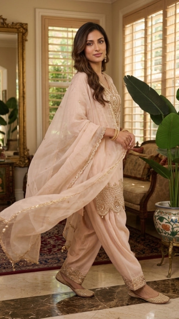 Festive Wear Beige Handwork Embroidered Farshi Salwar Kurta Set