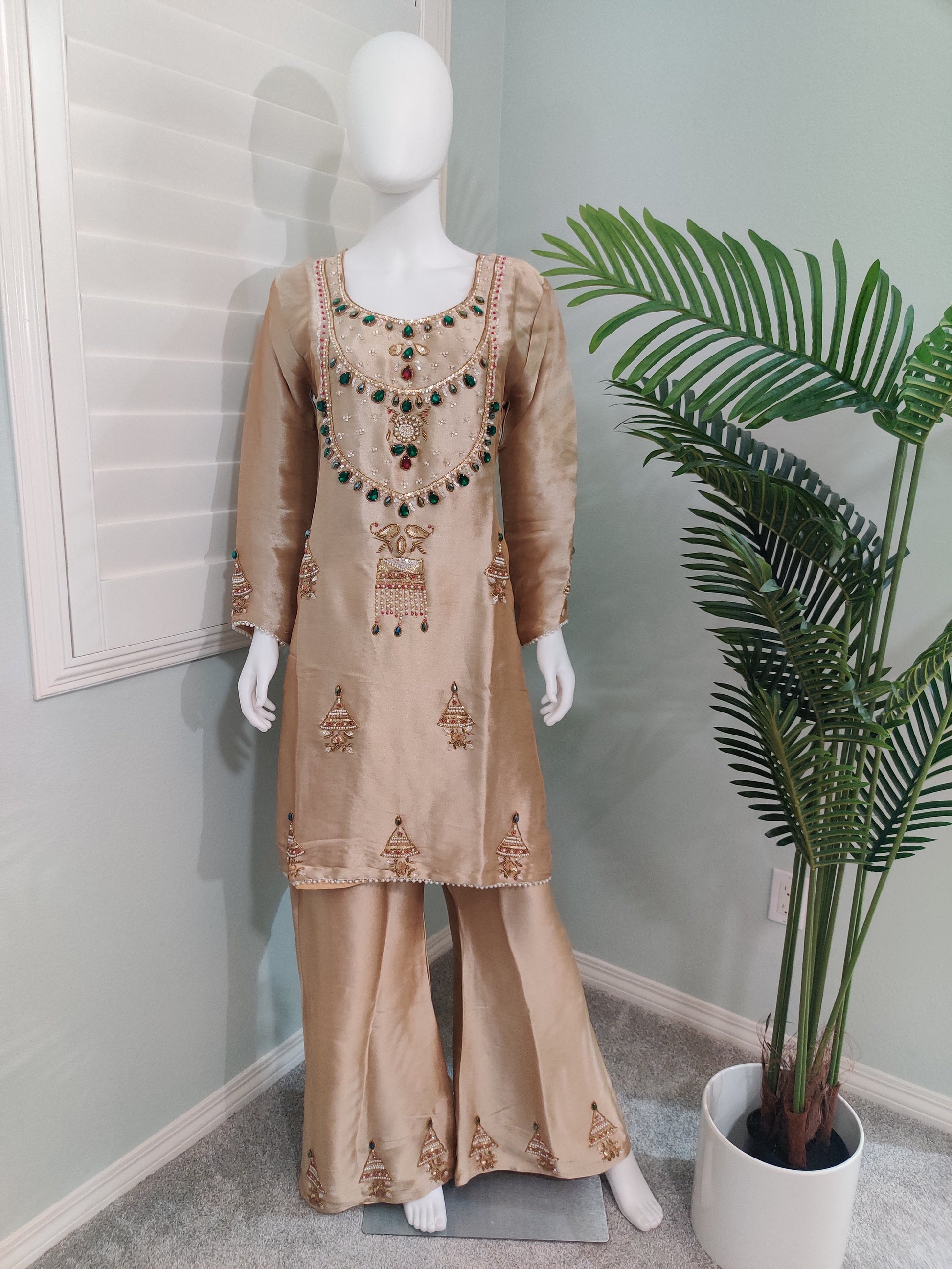 Golden Party Wear Handwork Embroidered Plazzo Kurta Set