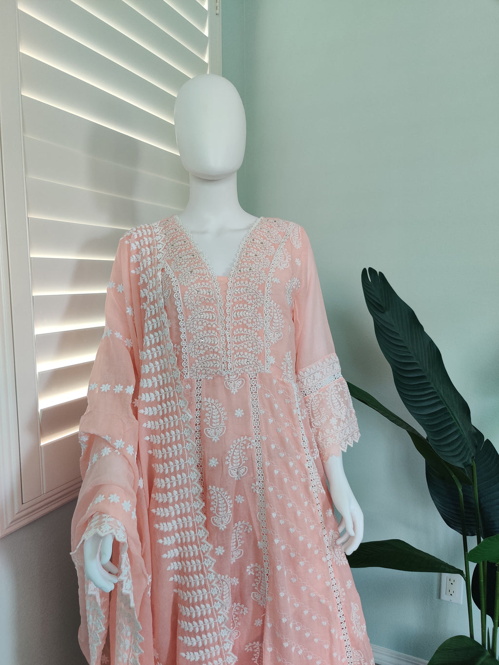 Peach Chikankari Anarkali Cotton Kurta Set