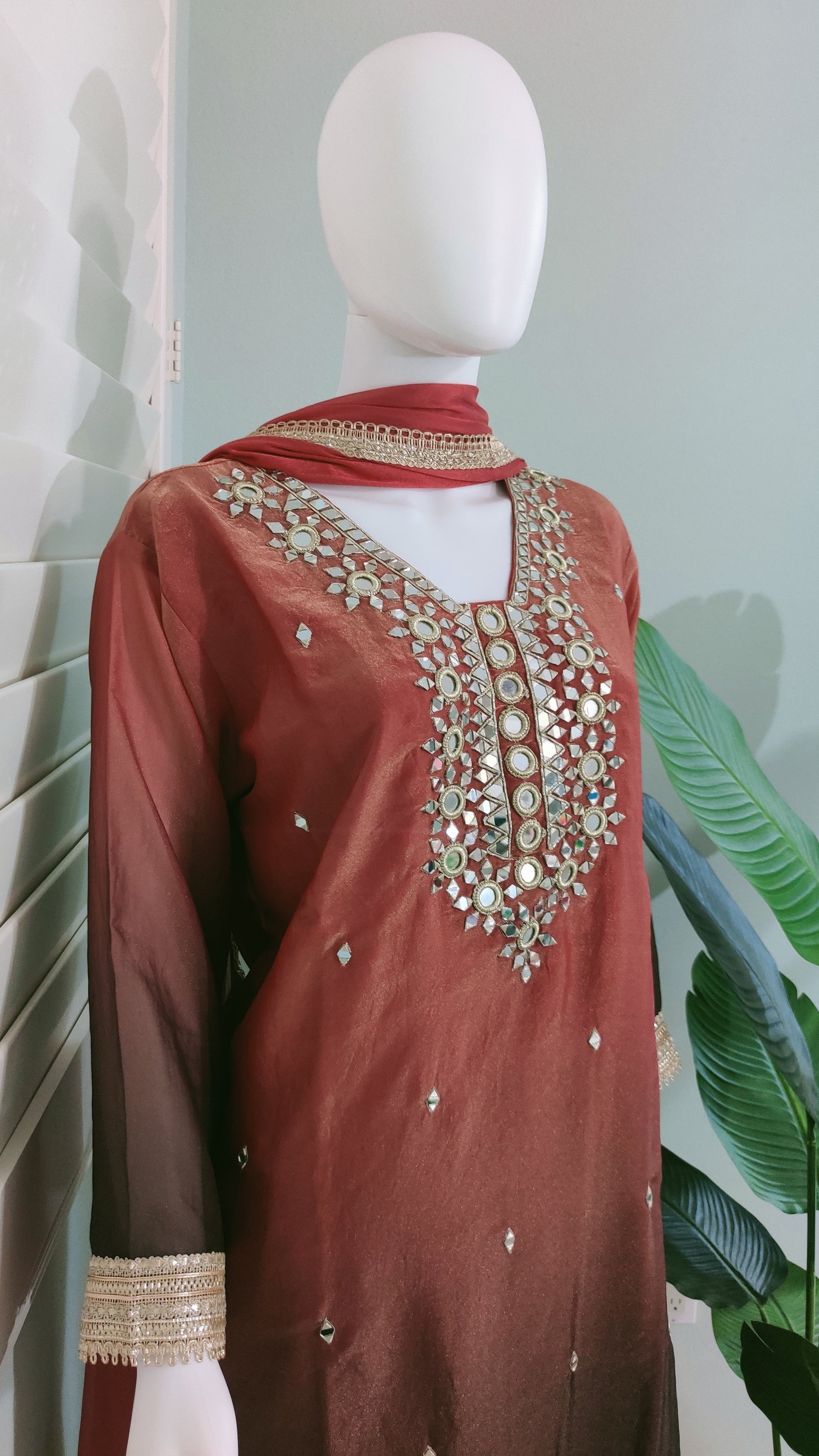 Shimmer Tissue Based Mirror Work Plazzo Suit Plus Size