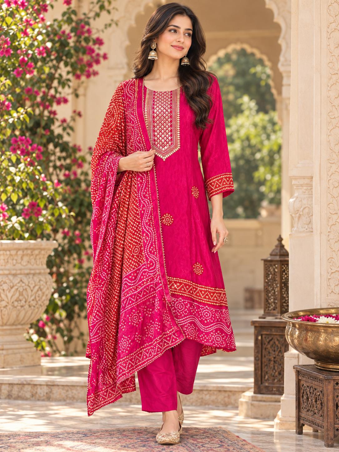 Gajji Silk Bandhani Print A line Kurta Set