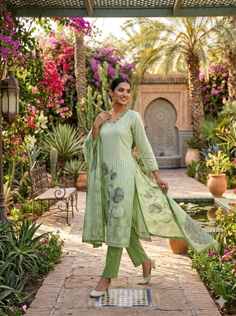Light Green Digital Print Cotton Kurta Set