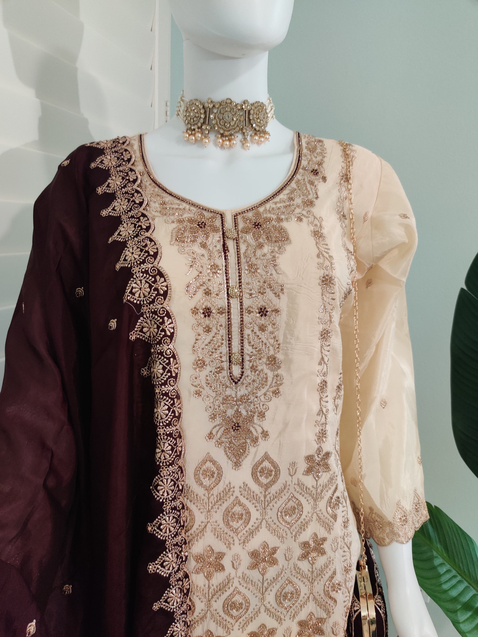 Glass Organza Embroidered Straight Pant Kurta set with Matching Purse