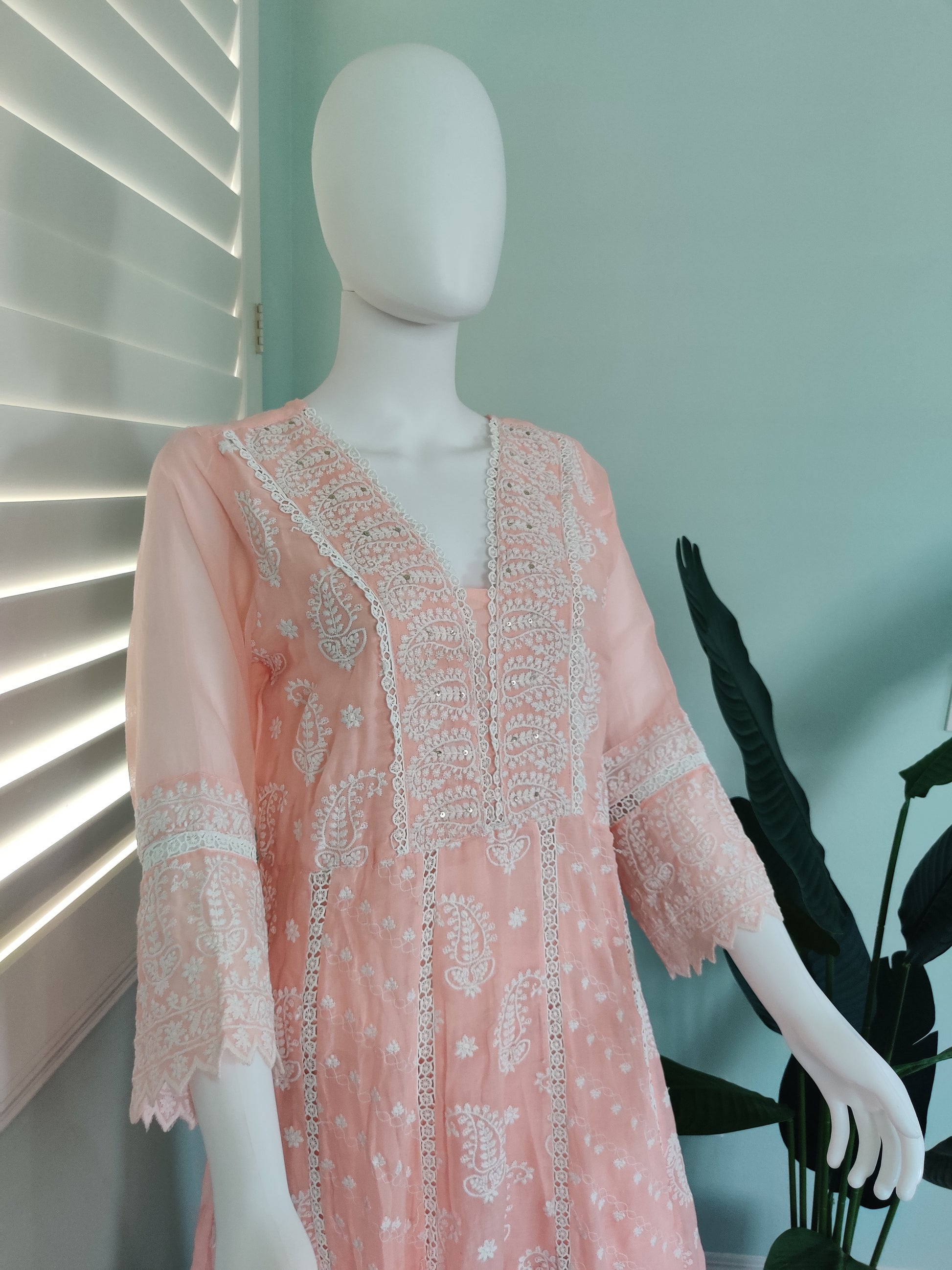 Peach Chikankari Anarkali Cotton Kurta Set